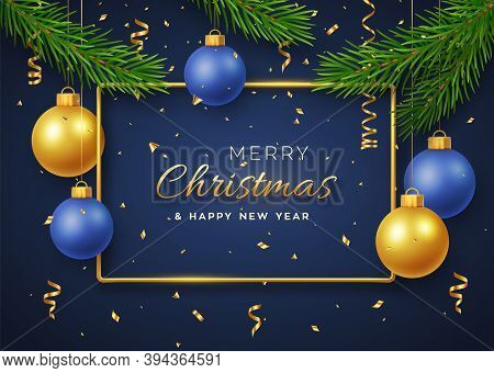 Christmas Background With Hanging Shining Golden And Blue Balls, Gold Metallic Frame, And Pine Branc