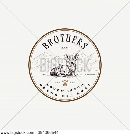 Two Brothers Puppies With Mountain Range In Background, Hand Drawn Logo Round Emblem Design
