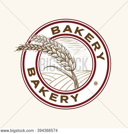 Wheat Grains And Field For Bakery And Bread Emblem Stamp Logo Vintage Style Design