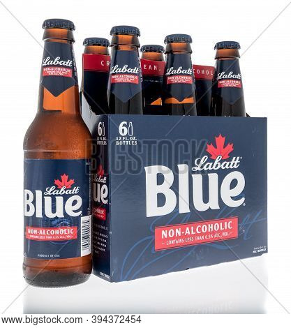 Winneconne, Wi - 22 October 2020:  A Six Pack Of Labatt Blue Non-alcoholc Beer On An Isolated Backgr