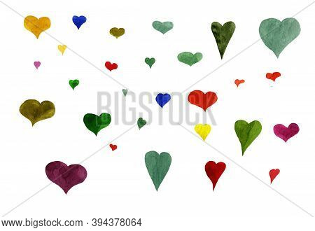 Hearts Of Different Colors And Sizes Of Watercolor On A Transparent Background