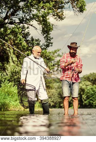 Friends Fishing. Fishing As Holiday. Fisherman In Formal Suit. Successful Catch. Elegant Bearded Man