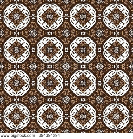 Elegant Circle Patterns On Jember Batik Design With Blend White And Brown Color Concept.