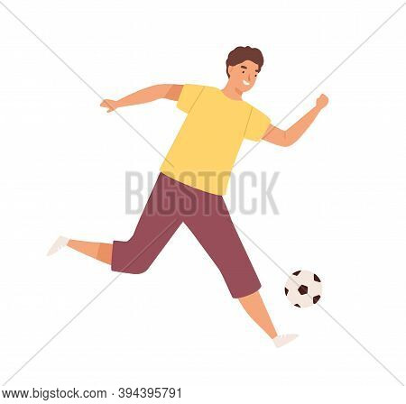 Young Happy Man Playing Football. Male Soccer Player Kick The Ball. Footballer Enjoy Game. Flat Vect