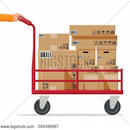 Barrow Full Of Boxes Isolated On White. Metallic Wheeled Trolley With Cardboard Box. Delivery Servic
