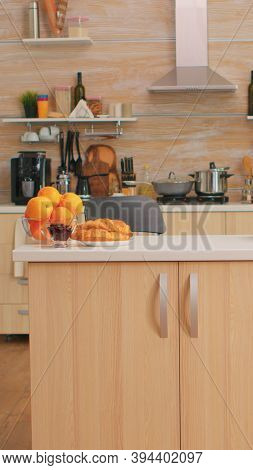 Coffee Machine In Kitchen With Nobody In It. Modern Dining Room With Coffee Machine In Cozy Interior