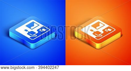 Isometric Trading Courses Icon Isolated On Blue And Orange Background. Distance Learning Finance Man