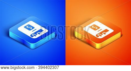 Isometric Financial Book Icon Isolated On Blue And Orange Background. Square Button. Vector