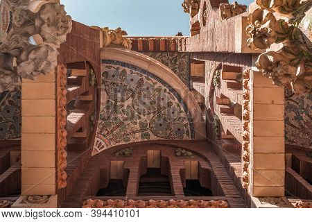 Barcelona, Spain - Feb 24, 2020: Intricate Mosaics Cermic Tiles Ceiling On Balcony Catalonia Music H