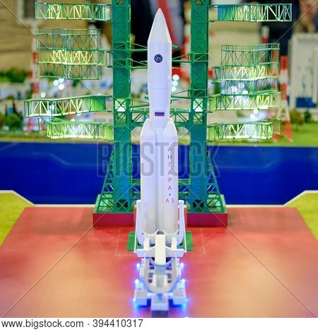 Angara Space Rocket On The Launch Pad Of The Vostochny Cosmodrome, Model. Exhibition Days Of The Far