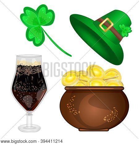 Set Of Happy St. Patrick's Day Symbols Isolated On White Background. Cartoon Leprechaun Hat, Beer, P