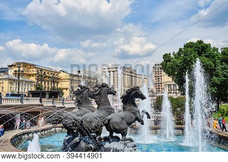 Fountain With Horses On Manezh Square Near The Alexander Garden, Kremlin. Moscow, Russia-june 21 201