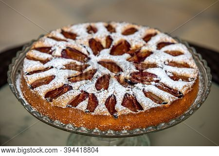 Delicious Plum Cake Sprinkled With Powdered Sugar
