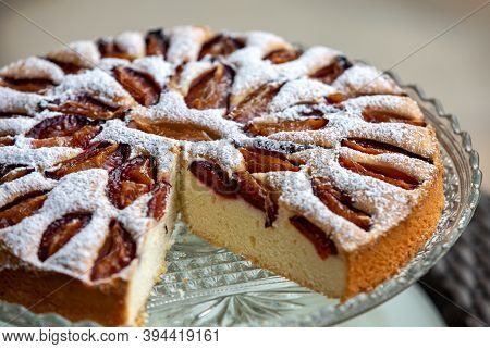 Delicious Plum Cake Sprinkled With Powdered Sugar