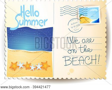 Summer Postacard With Seascape, Text, Stamp And Postmark. Vector Illustration Eps10