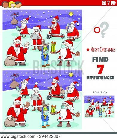 Cartoon Illustration Of Finding Differences Between Pictures Educational Game For Children With Chri