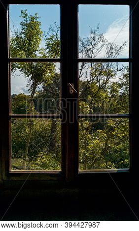 Colorful Old Window View To Trees Nature And Blue Sky