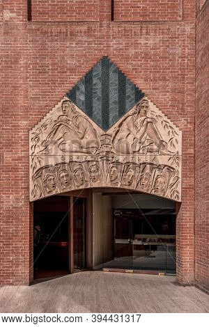 Barcelona, Spain - Feb 24, 2020: Gate Arch With Brick Relief Of Orfeo Catala At Catalonia Music Hall
