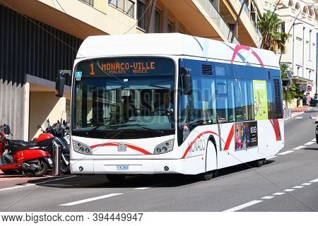 Monte Carlo, Monaco - September 12, 2019: Modern Hybrid Bus Van Hool A330 In The City Street.