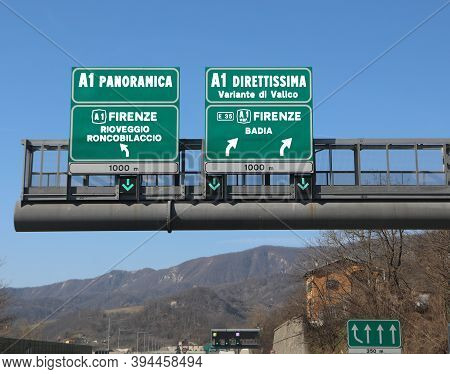 Motorway Junction With The Indication To Reach The City Of Florence With The Text In Italian