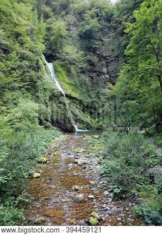 Pristine Natural Environment With A Beautiful Waterfall In The Middle Of The Forest And The Stream O