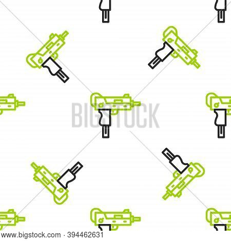 Line Uzi Submachine Gun Icon Isolated Seamless Pattern On White Background. Automatic Weapon. Vector
