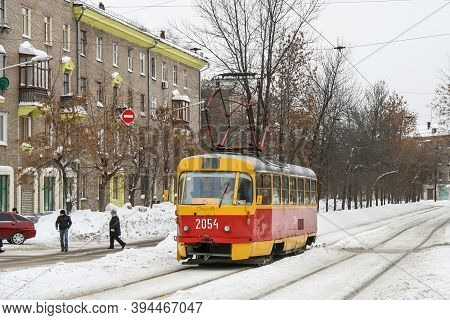 Ufa, Russia - February 16, 2008: Old Bright Tram Tatra T3 In The City Street.