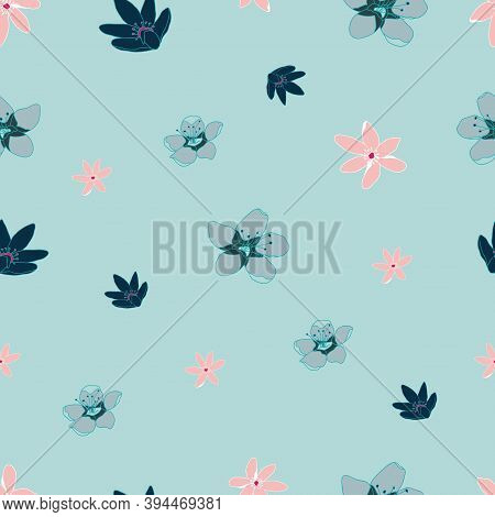 Colorful Blossoming Flowers Seamless Pattern Sky Blue Print