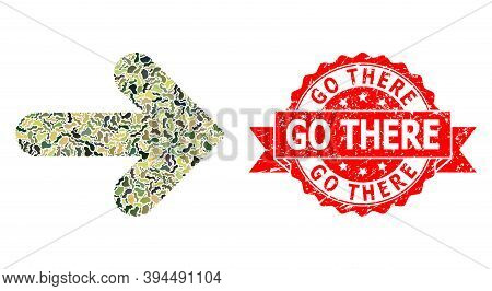 Military Camouflage Collage Of Right Direction, And Go There Corroded Stamp. Red Stamp Seal Has Go T