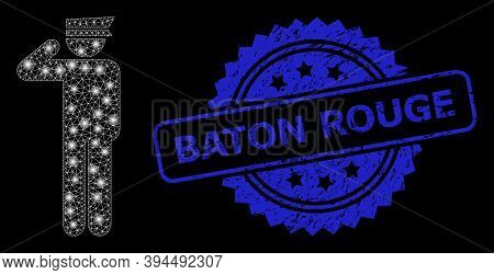 Glowing Net Police Officer With Light Spots, And Baton Rouge Textured Ribbon Seal Print. Blue Seal H