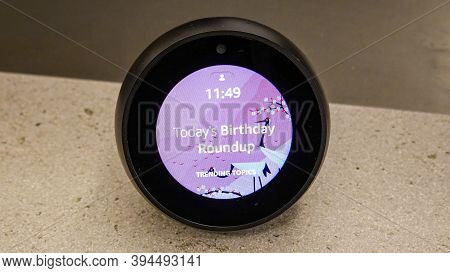 Seattle, Wa/usa-9/15/19: An Amazon Alexa Spot For Sale An Amazon Bookstore.  Amazon Alexa, Known As 
