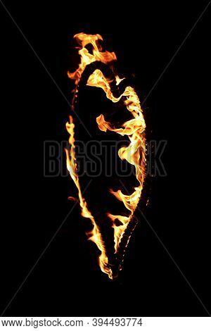 Burning Heart With Flames. Isolated On Dark Background. Fire Show In Night. Happy Valentines Day Car