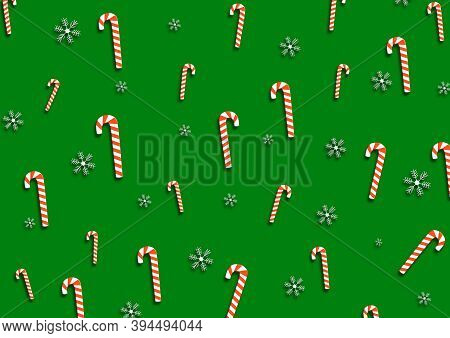 Christmas Candy Canes And Snowflakes Spare On Dark Green Background (vector Illustration)