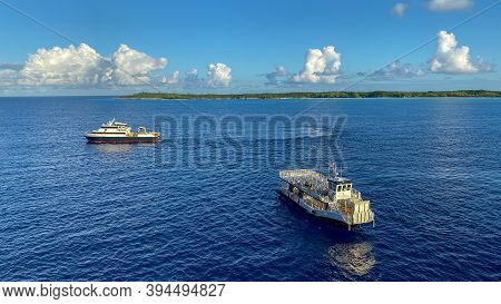 Half Moon Cay/bahamas-10/31/19: A Cruise Ship Tender In The Bay Of A Bahamas Island.