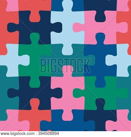 Puzzle Pieces Seamless Vector Background. Repeating Colorful Pattern For Fabric, Kids Wear, Children