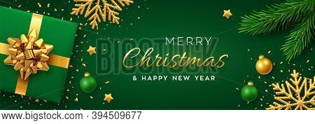 Christmas Background With Square Paper Banner, Realistic Green Gift Box With Golden Bow, Pine Branch