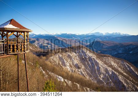 Wooden Pavilion With Scenery Mountains View Caucasus