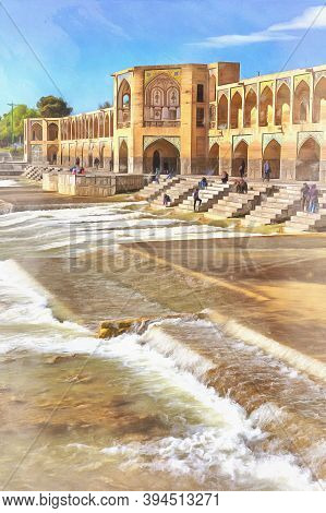 Khaju Bridge Colorful Painting, Zayanderud River, Isfahan, Isfahan Province, Iran