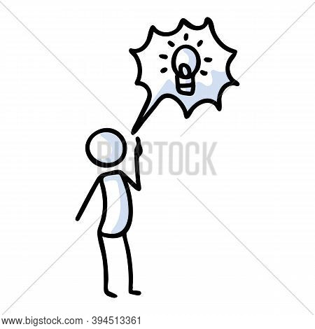 Hand Drawn Stickman With Speech Bubble Lightbulb Idea. Simple Outline Genius Thought Doodle Icon Cli