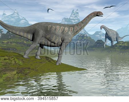 Jobaria Dinosaurs Walking In A Landscape By Day - 3d Render