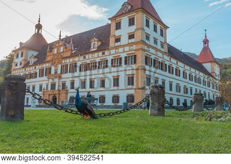 Graz, Austria-october 14, 2019: Peacock And Eggenberg Palace In The Background