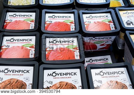 Tyumen, Russia-november 07, 2020: Box Movenpick With Strawberries And Raspberries Ice Cream. Produce