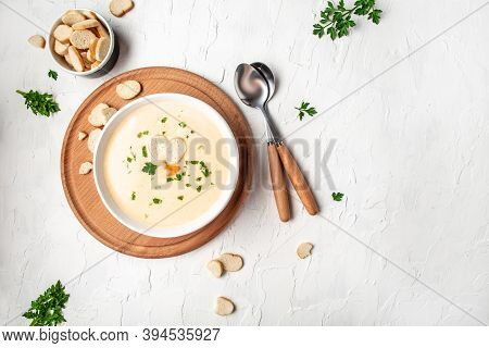 Traditional Recipe Of Du Barry Soup Cauliflower On A Light Background, Top View.