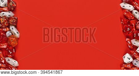Banner With Different Roleplaying Rpg Dice At Sides Of Red Background With Empty Copy Space