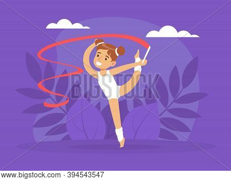 Cute Girl Performing Gymnastic Exercise With Ribbon, Gymnast Girl Taking Part In Rhythmic Gymnastics