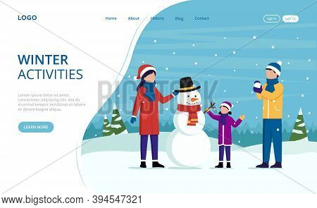 Illustration In Cartoon Flat Style On Winter Activities Concept. Vector Webpage Template Design With