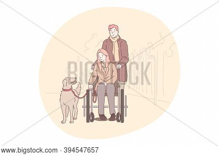 Disabled People On Wheelchair Living Happy Active Lifestyle Concept. Smiling Young Disabled Woman Ca