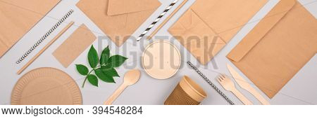 Banner With Eco-friendly Tableware - Kraft Paper Food Packaging On Light Grey Background. Street Foo