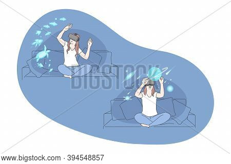Movie, Parallel Reality, Visual Effects In 3d Glasses Concept. Young Woman In 3d Glasses Sitting On 