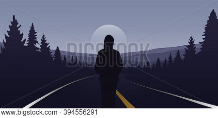 Girl Stad On The Asphalt Road And Looks To The Mountains Vector Illustration Eps10